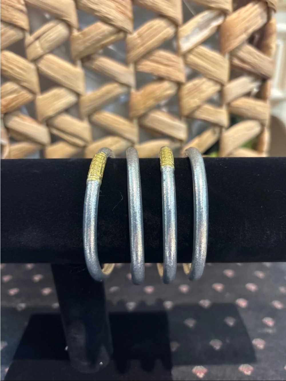 Silver-Tone Stackable Bangles with Gold Accent — Women’s Bracelet Set - Picture 2 of 5